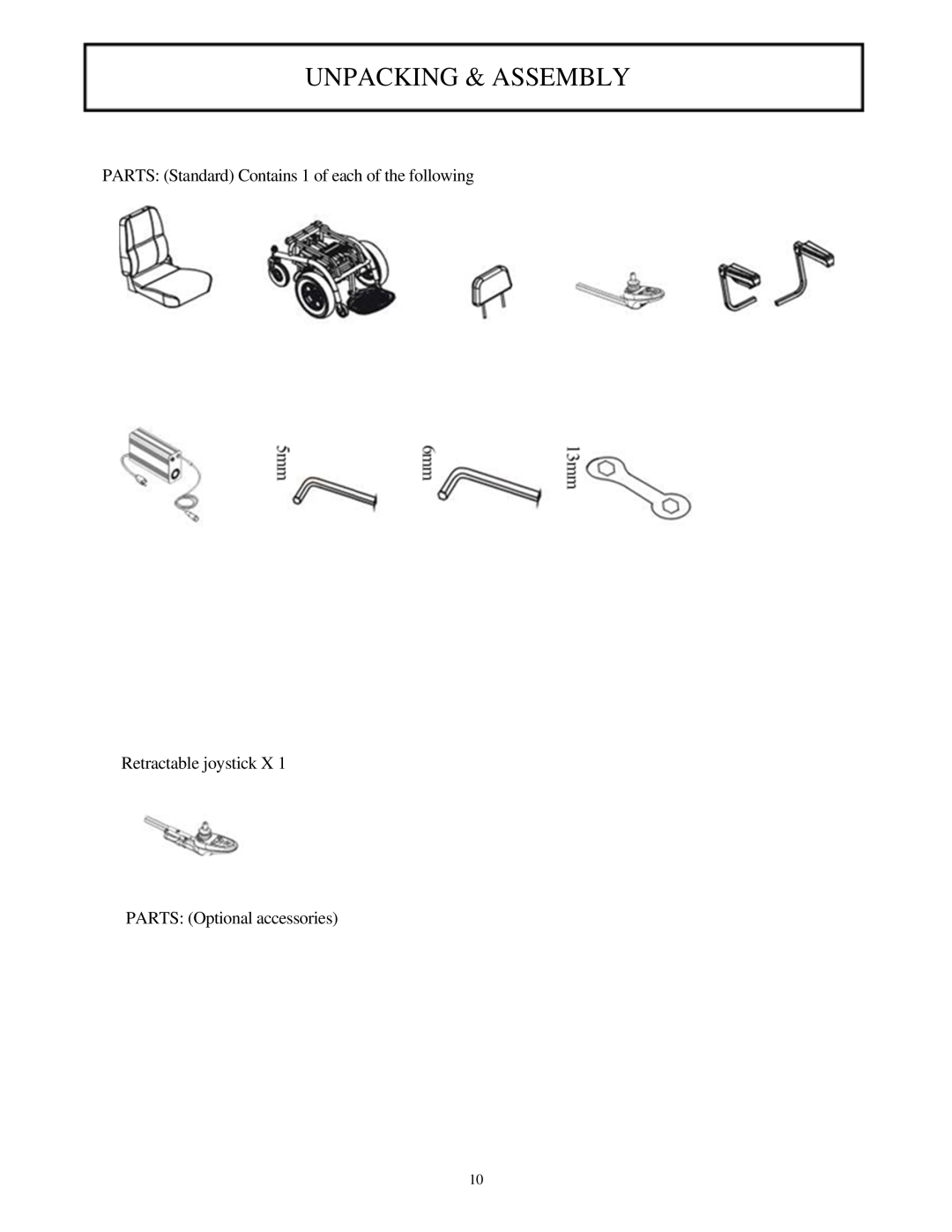 Drive Medical Design 2850-18, 2850-20 manual Unpacking & Assembly, PARTS Standard Contains 1 of each of the following 