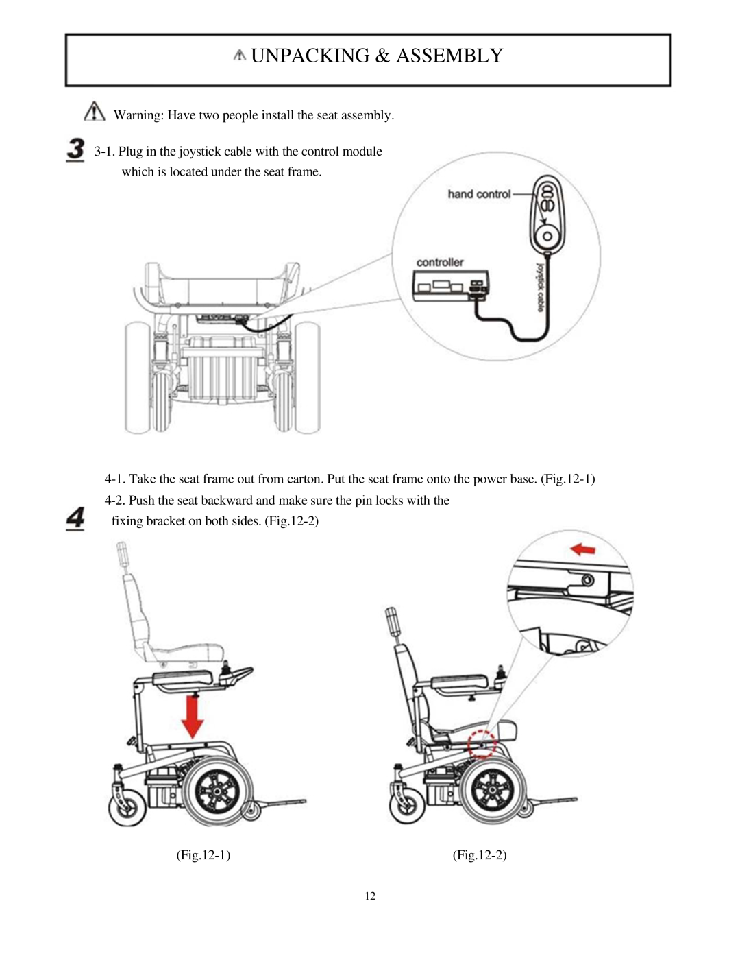 Drive Medical Design 2850-18, 2850-20 manual Unpacking & Assem Bly, Warning Have two people install the seat assembly 