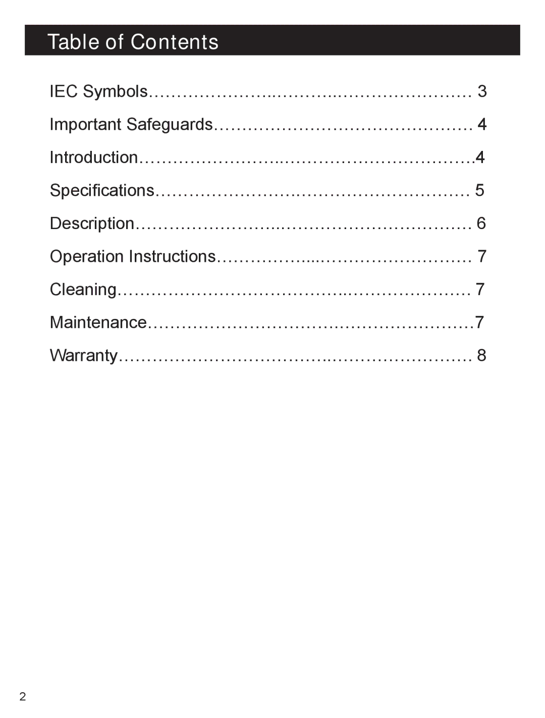 Drive Medical Design 3050-2 manual Table of Contents 