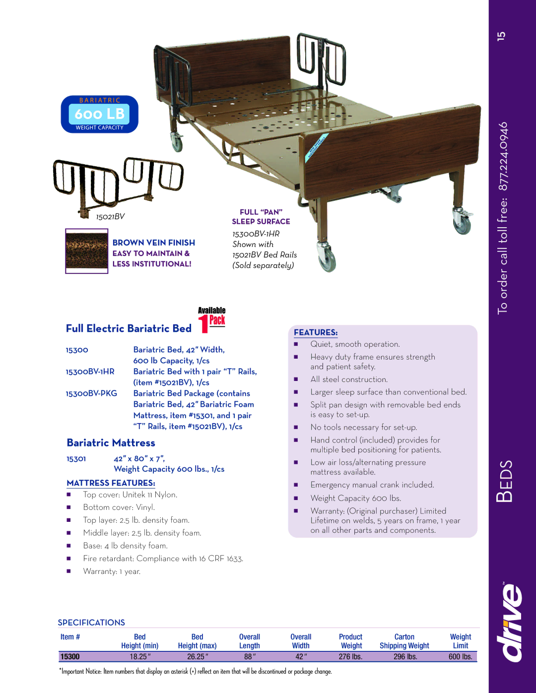 Drive Medical Design SCN-46X3, 48X3, 61X3, 53X3 warranty Beds, 600 LB, To order call toll free, Full Electric Bariatric Bed 