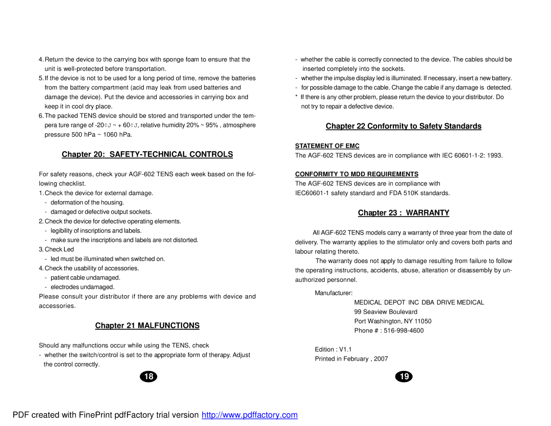 Drive Medical Design AGF-602 manual SAFETY-TECHNICAL Controls, Malfunctions, Conformity to Safety Standards, Warranty 