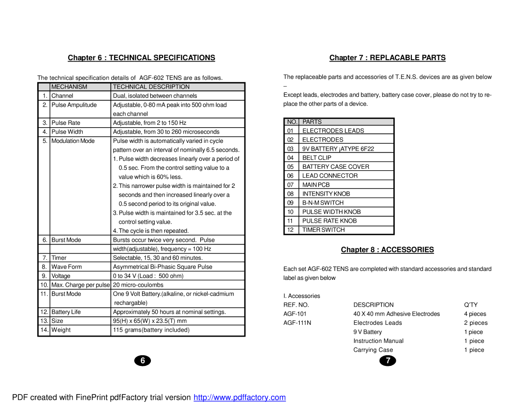 Drive Medical Design AGF-602 manual Technical Specifications, Replacable Parts, Accessories 