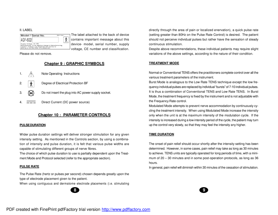 Drive Medical Design AGF-602 manual Graphic Symbols, Parameter Controls 