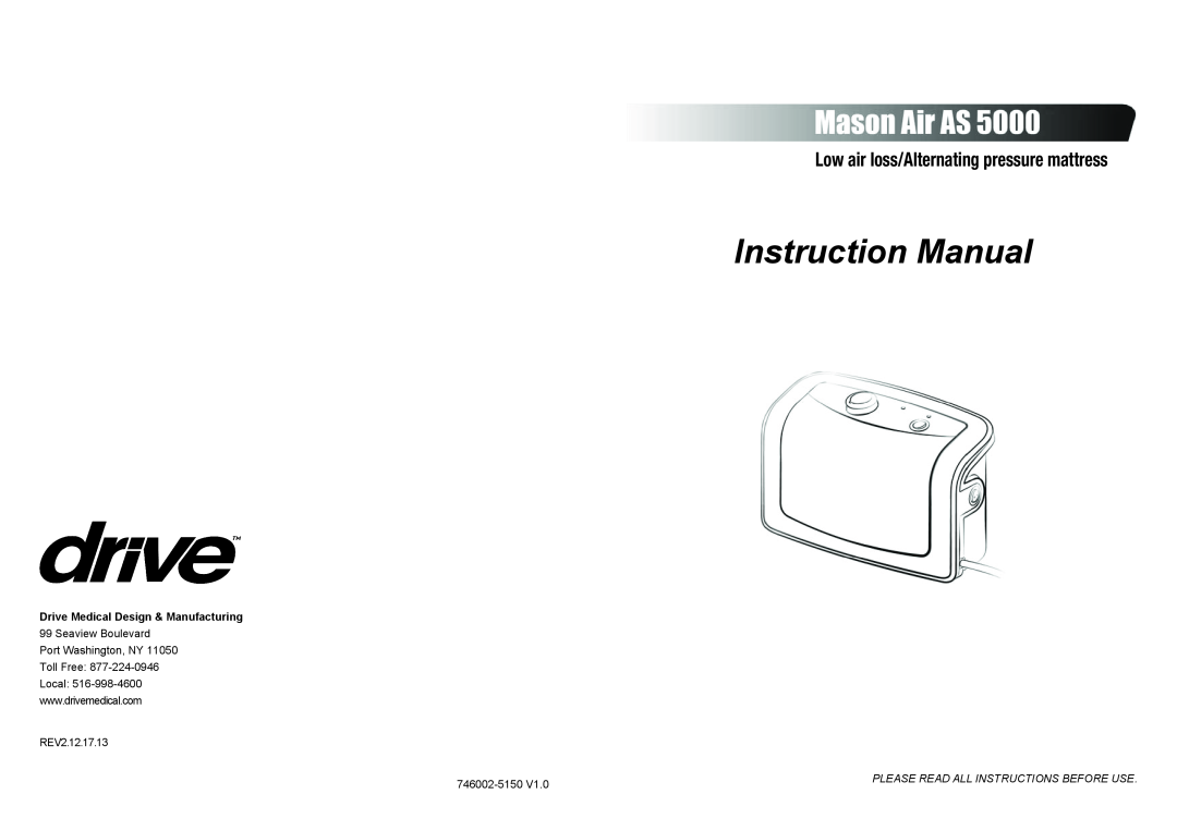 Drive Medical Design AS 5000 instruction manual Low air loss/Alternating pressure mattress, Instruction Manual 