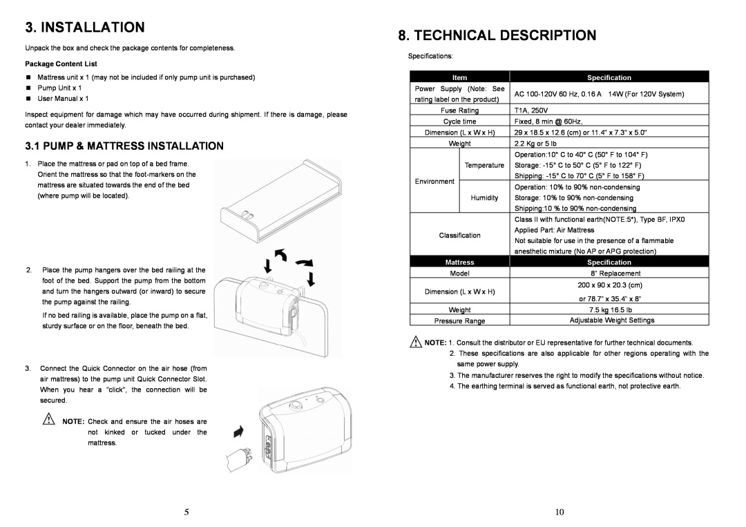 Drive Medical Design AS 5000 Technical Description, Pump & Mattress Installation, Package Content List, Specification 