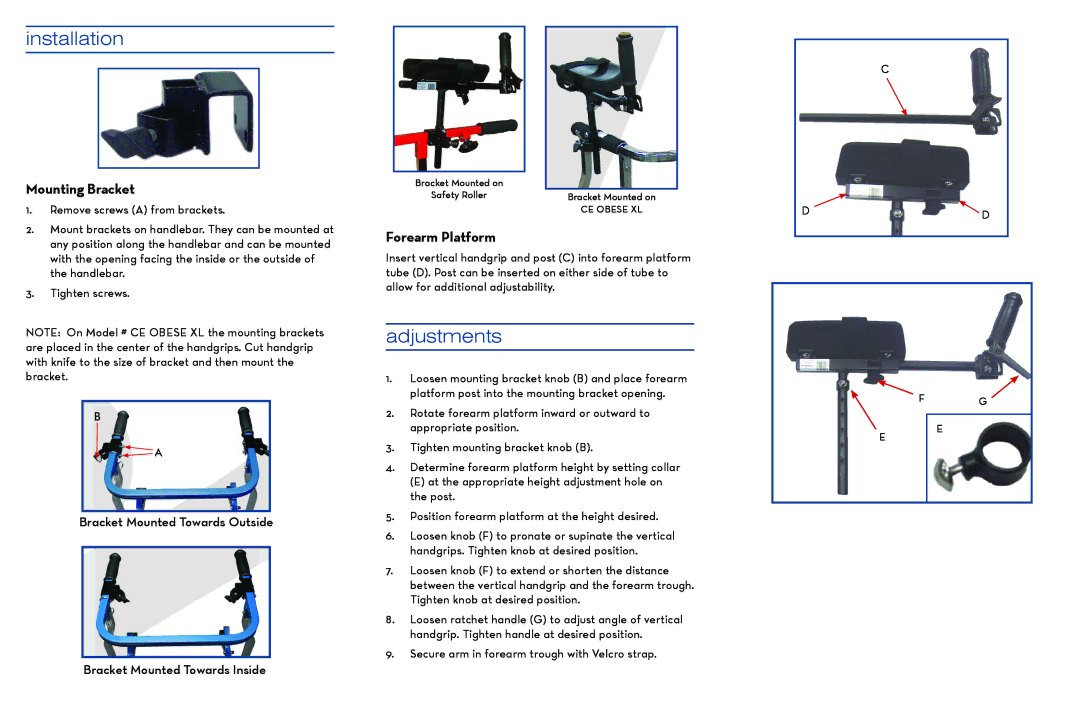 Drive Medical Design CE 1035 FP warranty Installation, Adjustments, Mounting Bracket, Forearm Platform 