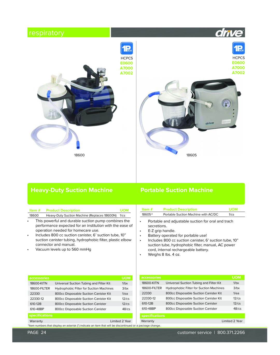 Drive Medical Design A7000, E0600 specifications respiratory, Heavy-Duty Suction Machine, Portable Suction Machine, Page 