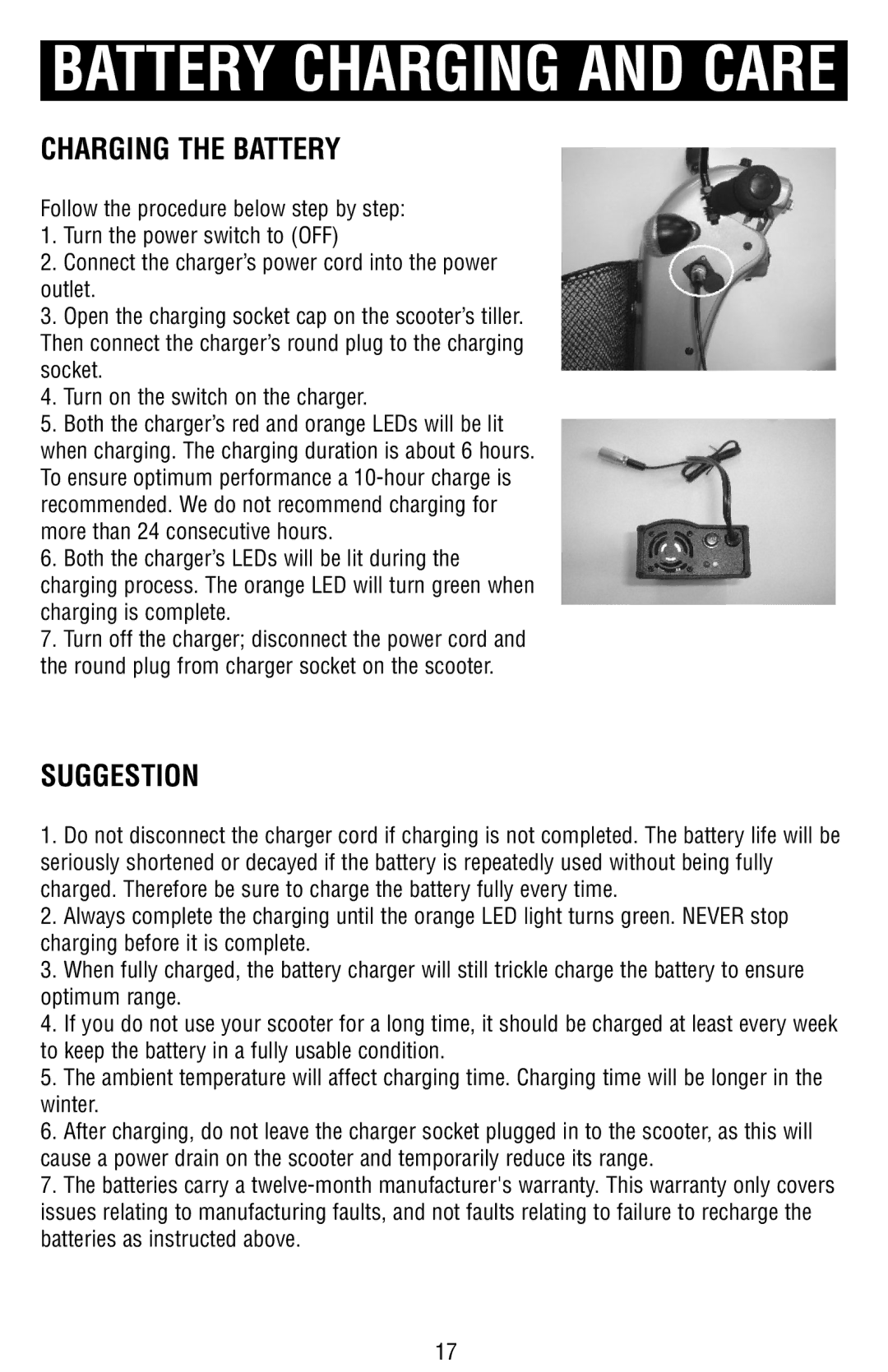 Drive Medical Design Mobility Scooter owner manual Battery Charging and Care, Charging the Battery 