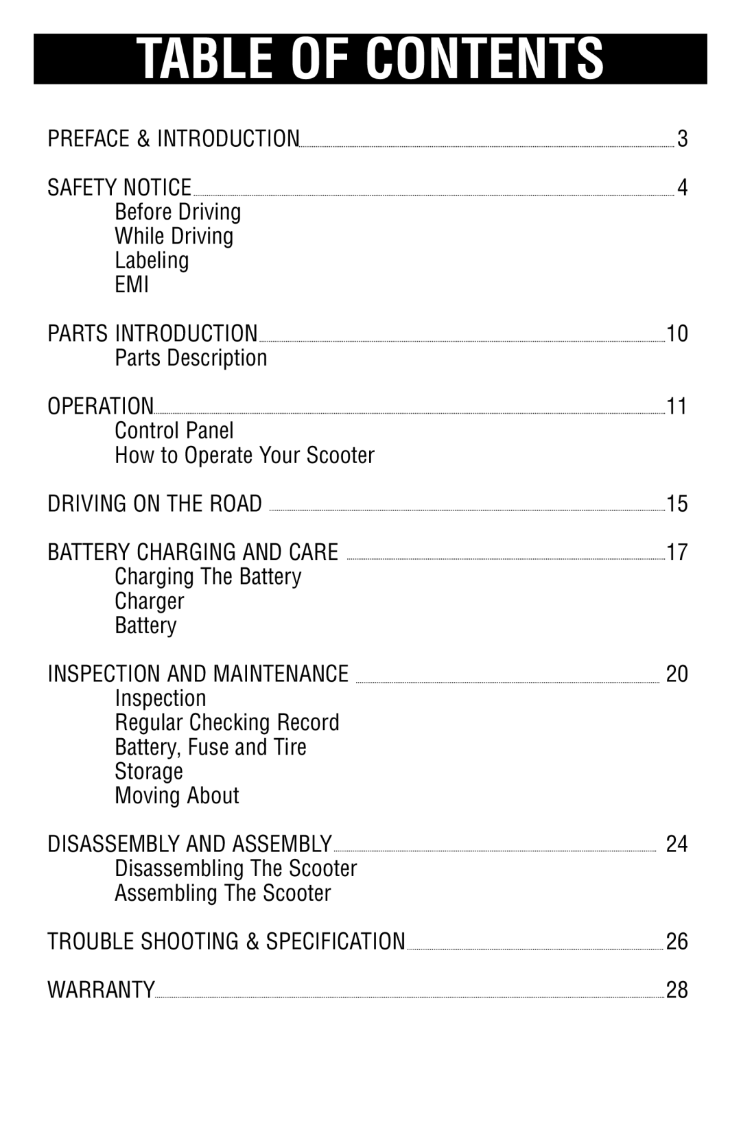 Drive Medical Design Mobility Scooter owner manual Table of Contents 