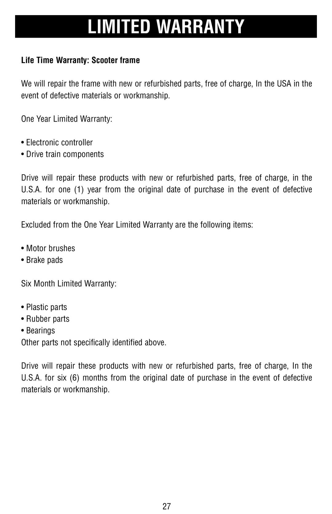 Drive Medical Design Mobility Scooter owner manual Limited Warranty 