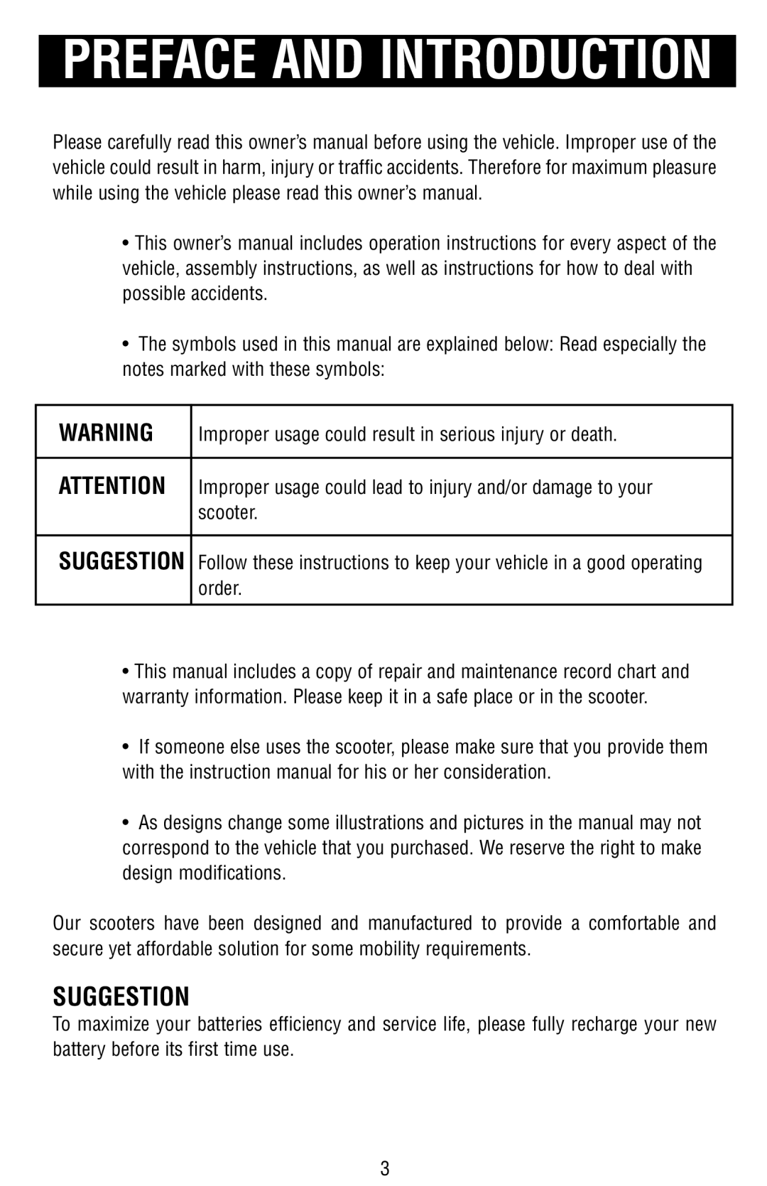 Drive Medical Design Mobility Scooter owner manual Preface and Introduction, Suggestion 