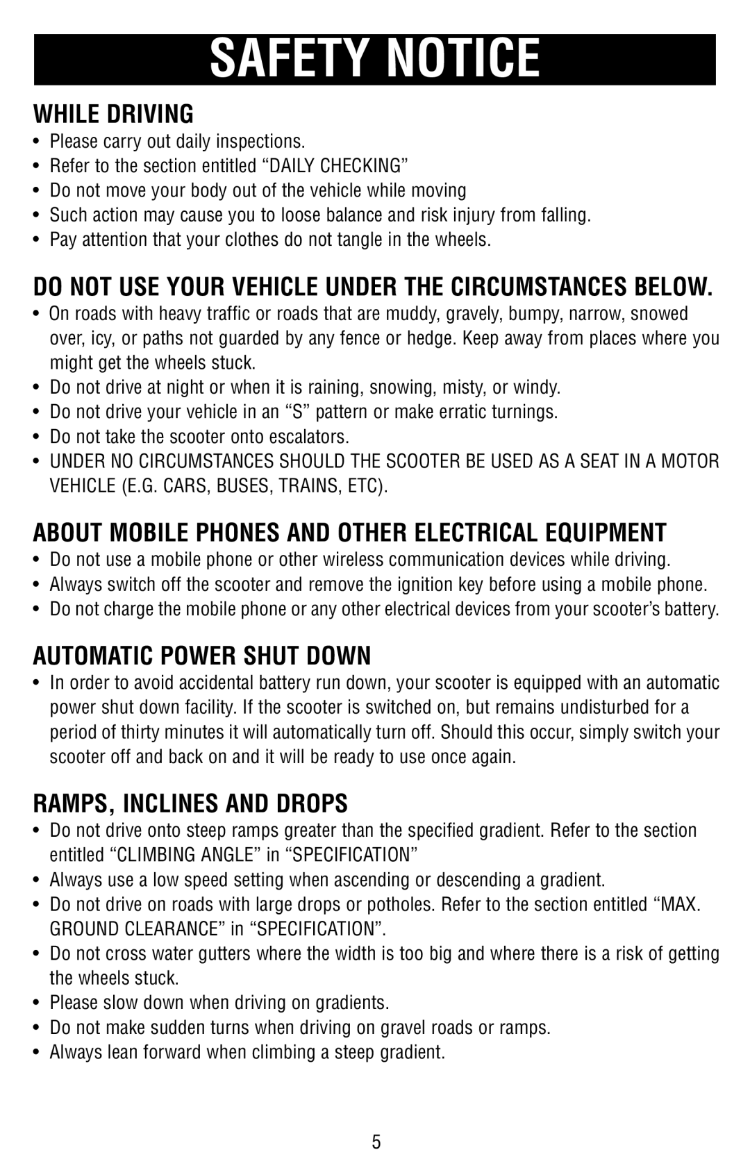 Drive Medical Design Mobility Scooter owner manual While Driving, Automatic Power Shut Down, RAMPS, Inclines and Drops 