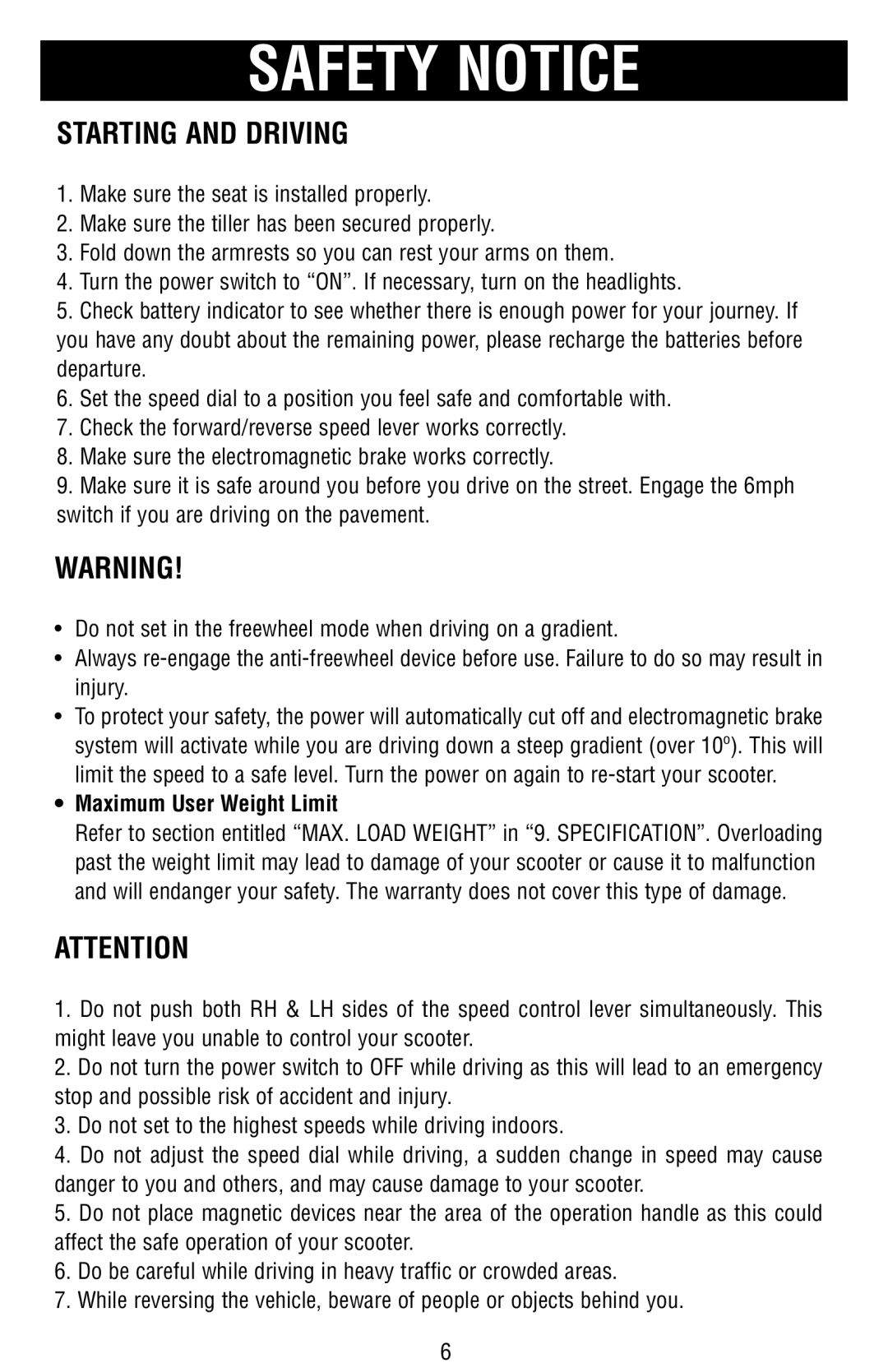 Drive Medical Design Mobility Scooter owner manual Starting and Driving, Maximum User Weight Limit 