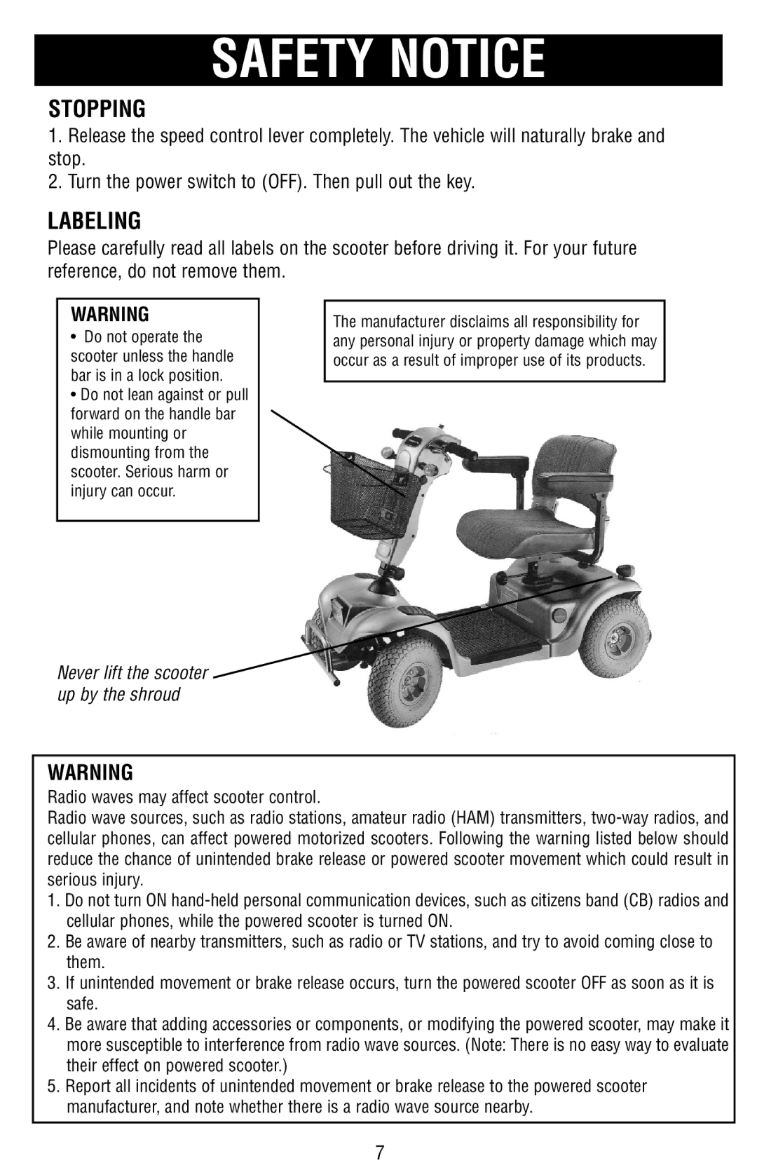 Drive Medical Design Mobility Scooter owner manual Stopping, Labeling 