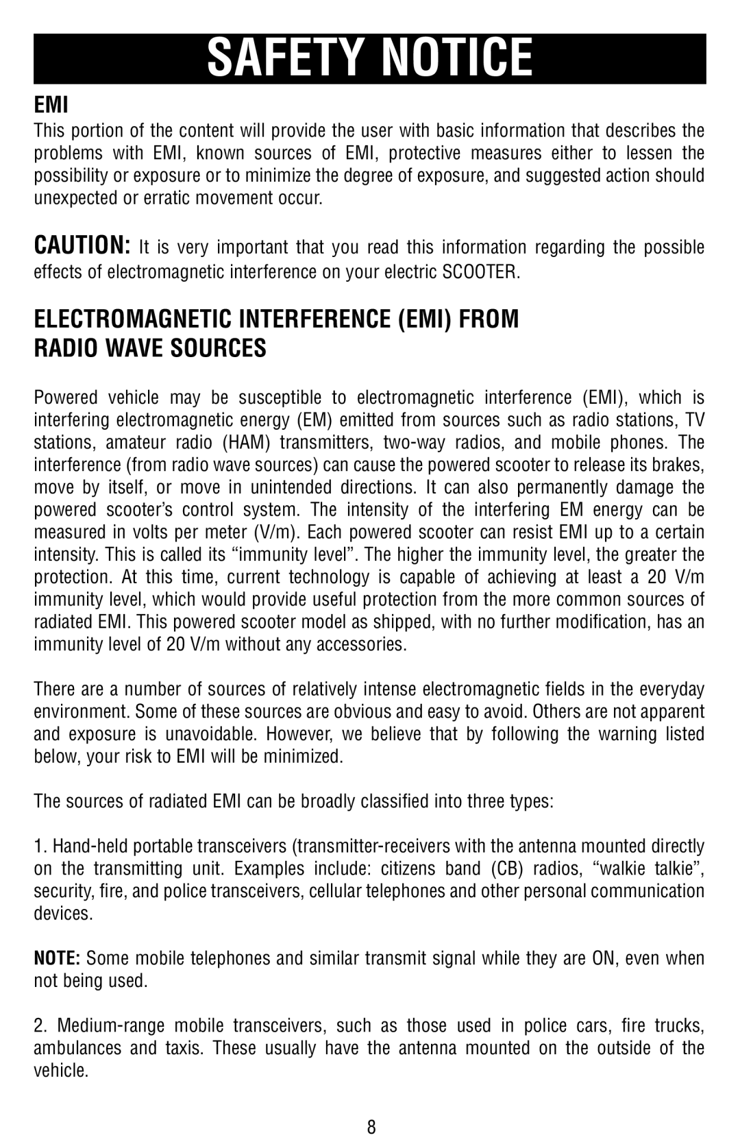 Drive Medical Design Mobility Scooter owner manual Electromagnetic Interference EMI from Radio Wave Sources, Emi 