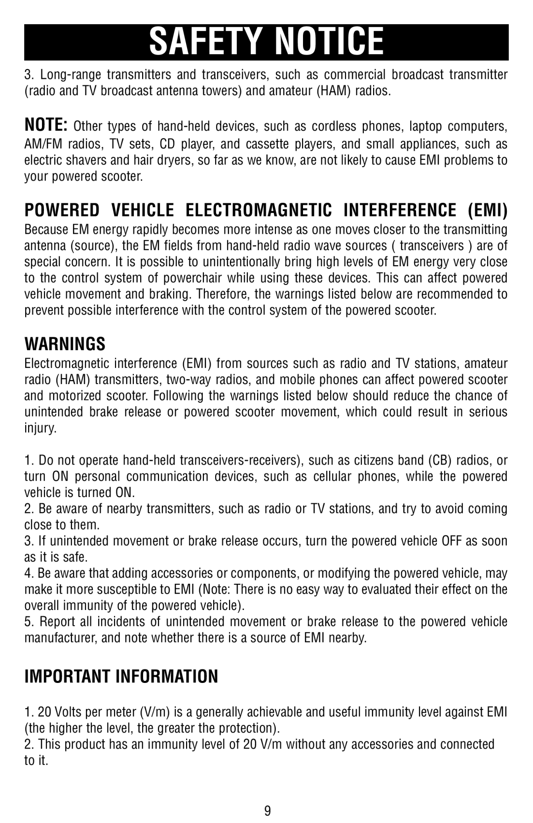 Drive Medical Design Mobility Scooter owner manual Important Information, Powered Vehicle Electromagnetic Interference EMI 