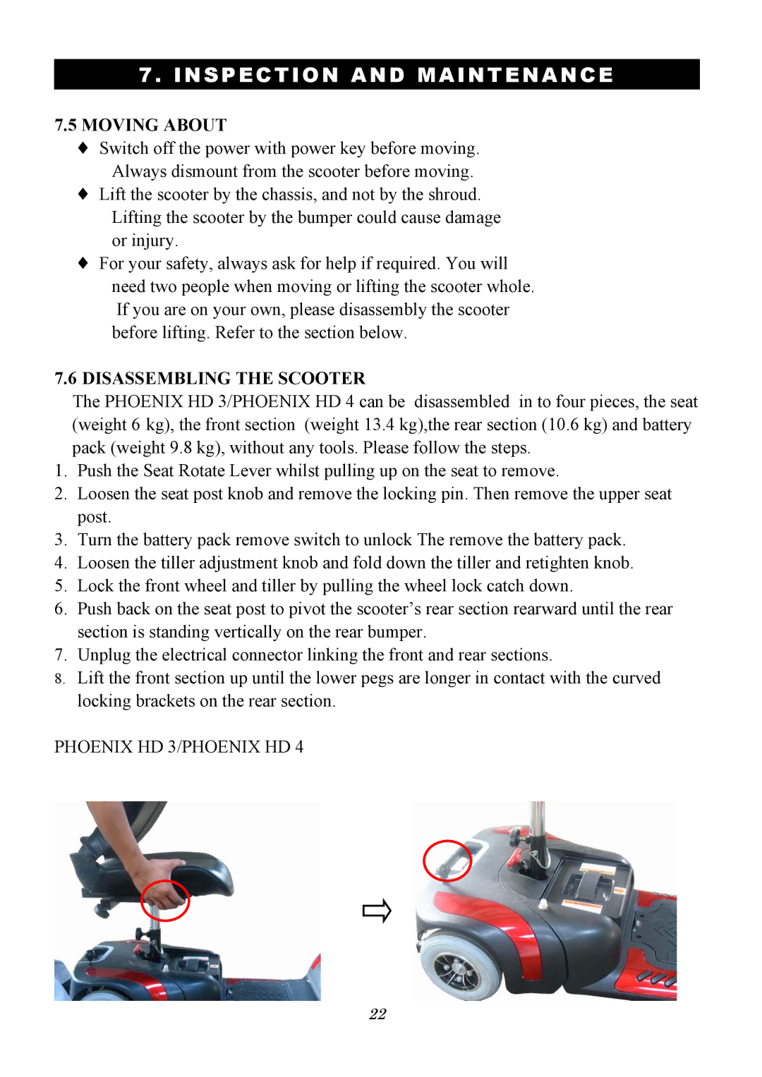 Drive Medical Design PhoenixHD4, PhoenixHD3 owner manual Moving about, Disassembling the Scooter 