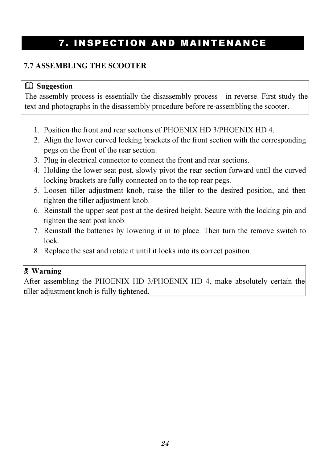 Drive Medical Design PhoenixHD4, PhoenixHD3 owner manual Assembling the Scooter,  Suggestion 