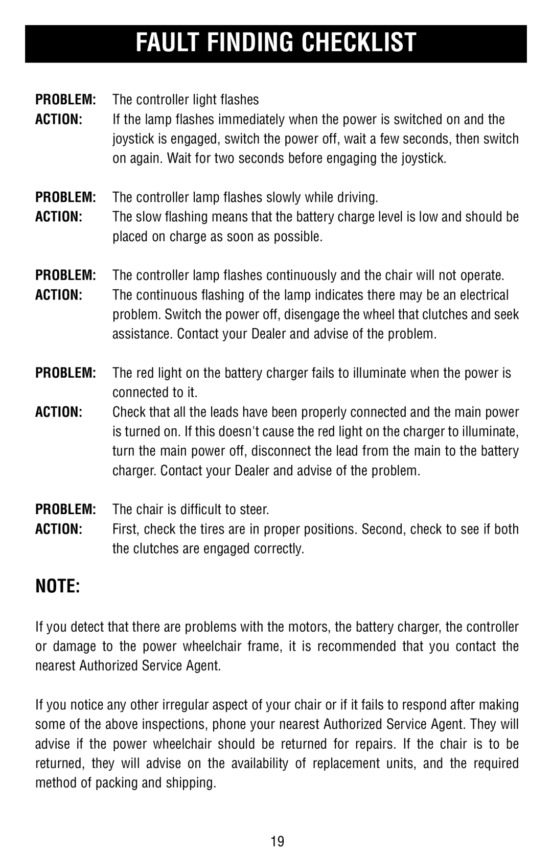 Drive Medical Design Power Wheelchair owner manual Fault Finding Checklist 