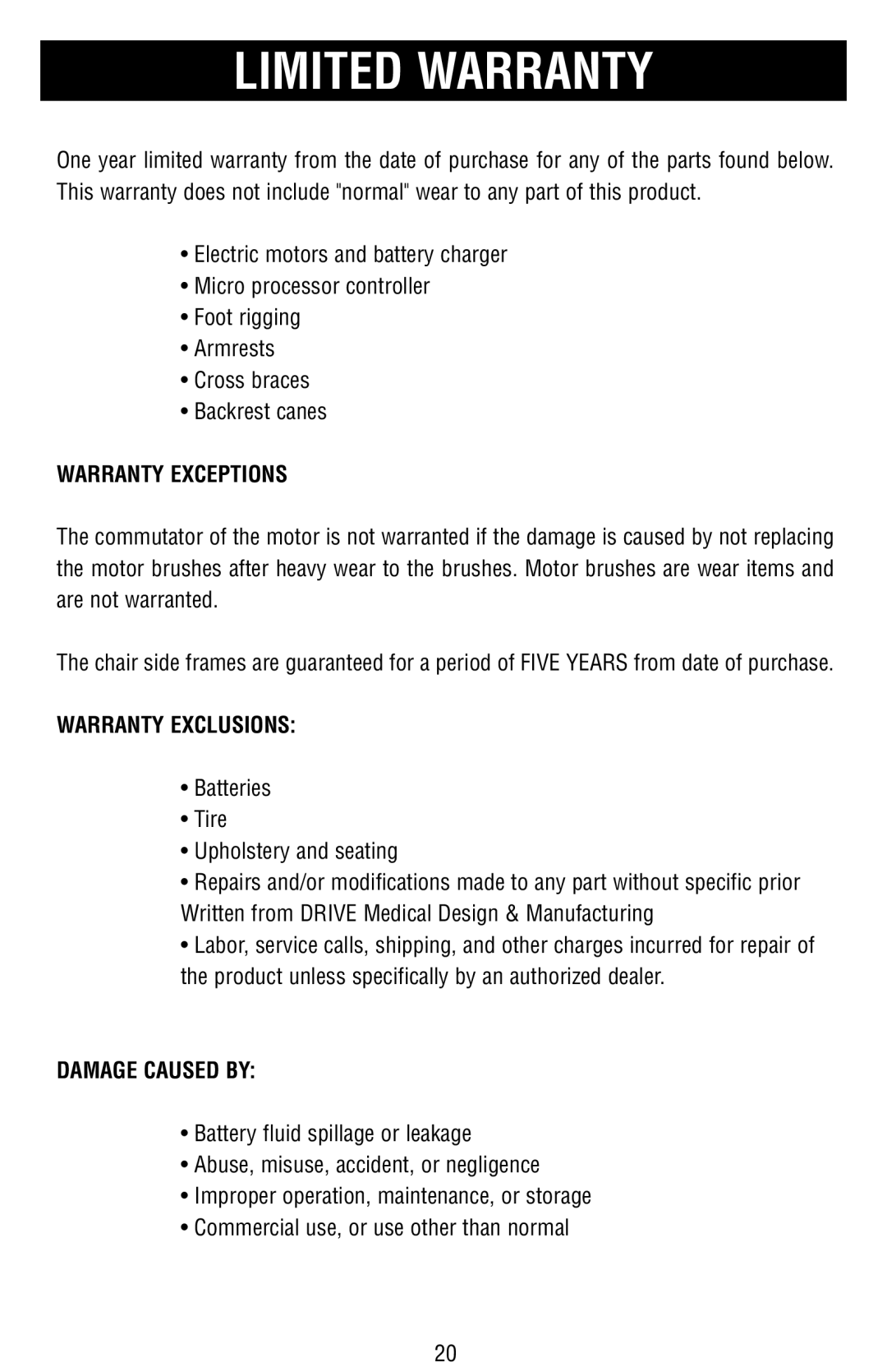 Drive Medical Design Power Wheelchair owner manual Limited Warranty 