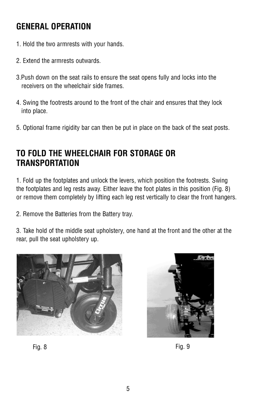 Drive Medical Design Power Wheelchair owner manual General Operation, To Fold the Wheelchair for Storage or Transportation 