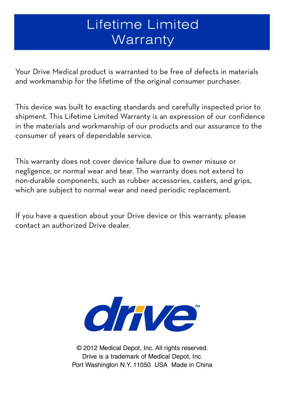 Drive Medical Design wb 1400, wb 1200 manual Lifetime Limited Warranty 