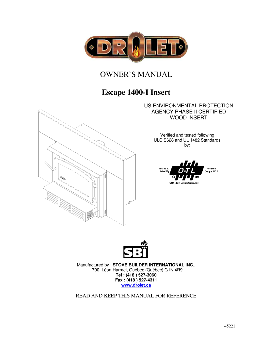 Drolet owner manual Escape 1400-I Insert 