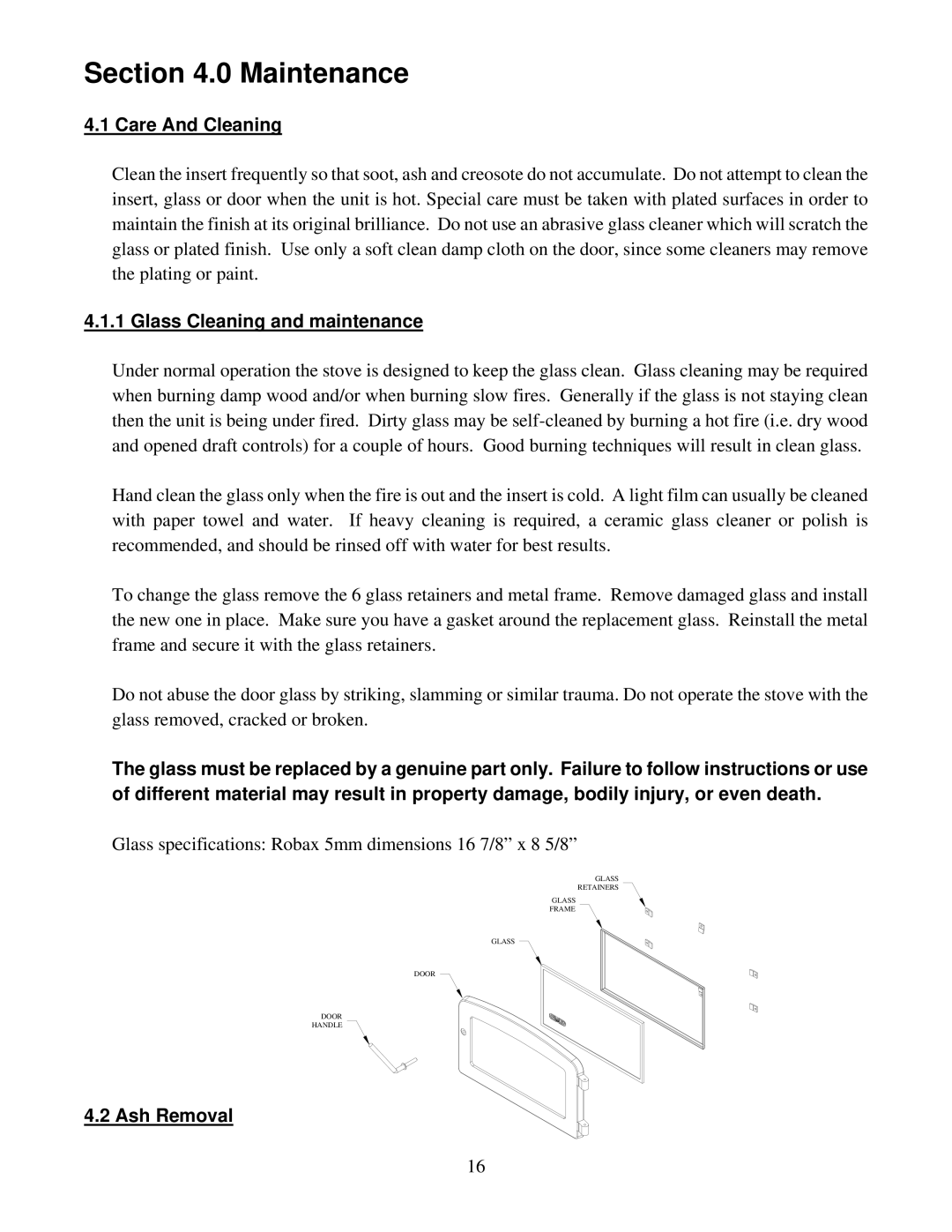 Drolet 1400-I owner manual Maintenance, Care And Cleaning, Glass Cleaning and maintenance, Ash Removal 