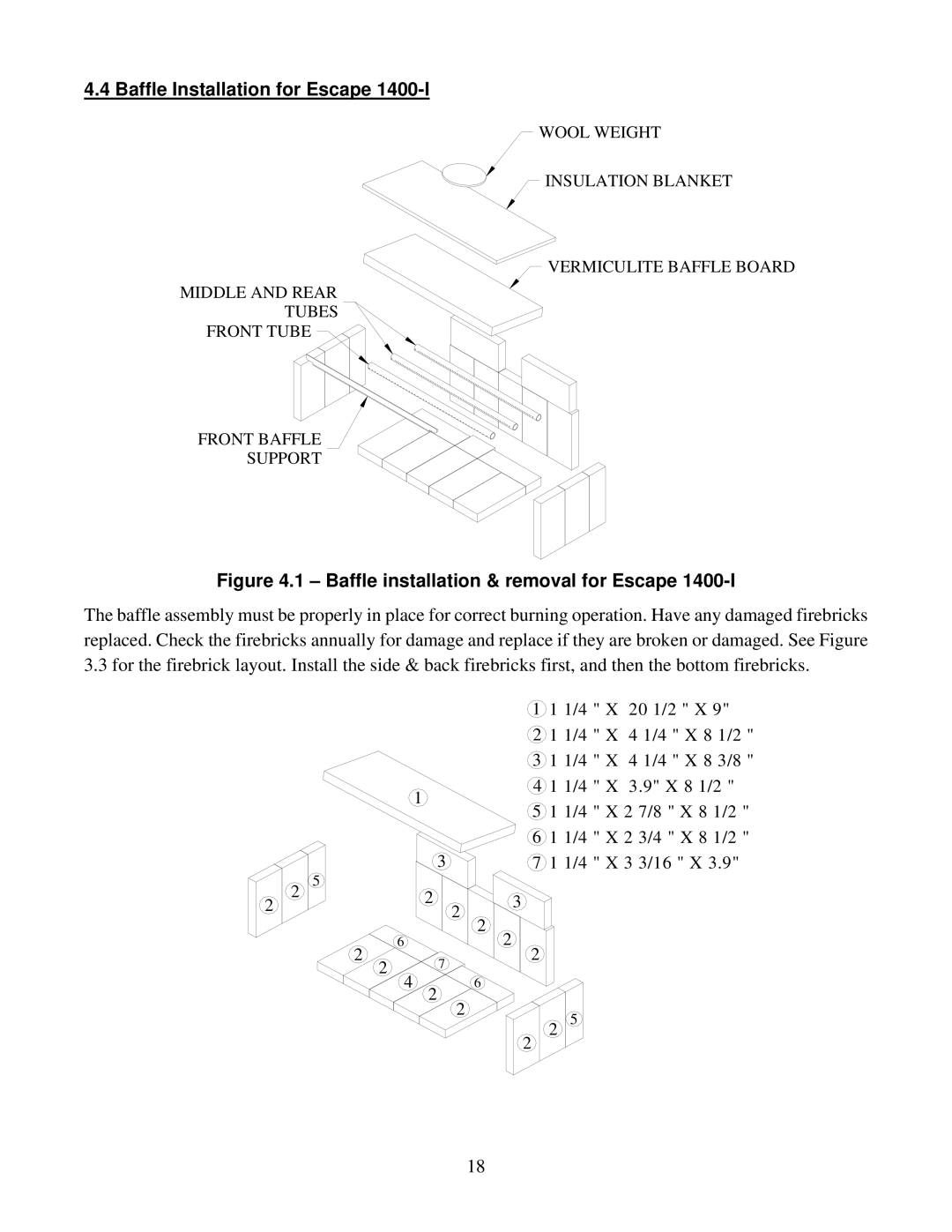 Drolet 1400-I owner manual Baffle Installation for Escape, Baffle installation & removal for Escape 