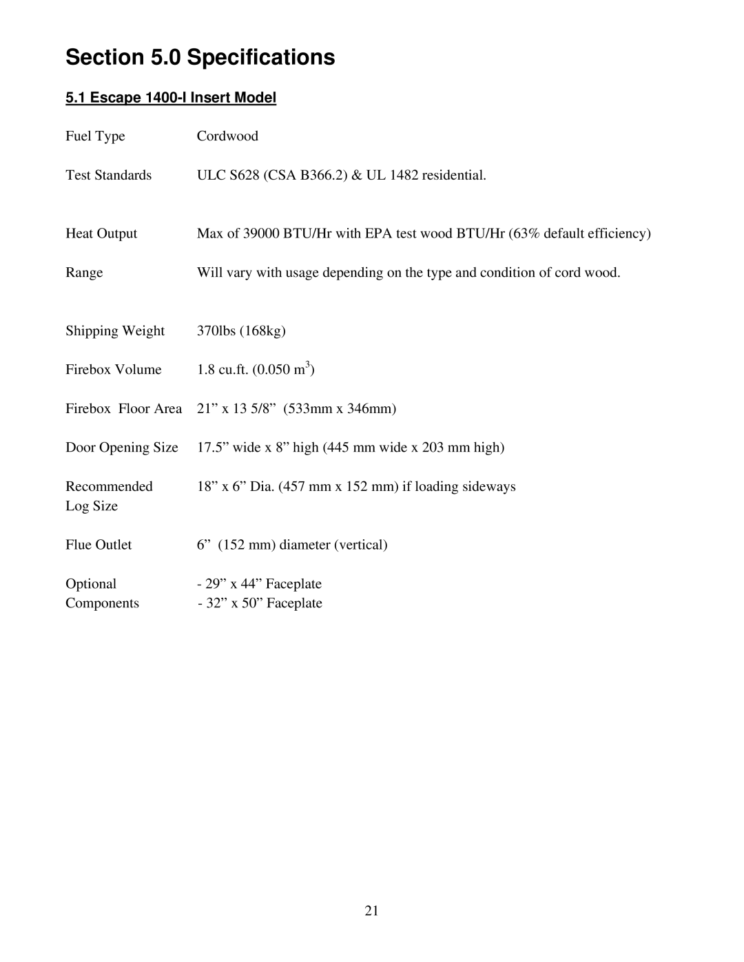 Drolet owner manual Specifications, Escape 1400-I Insert Model 