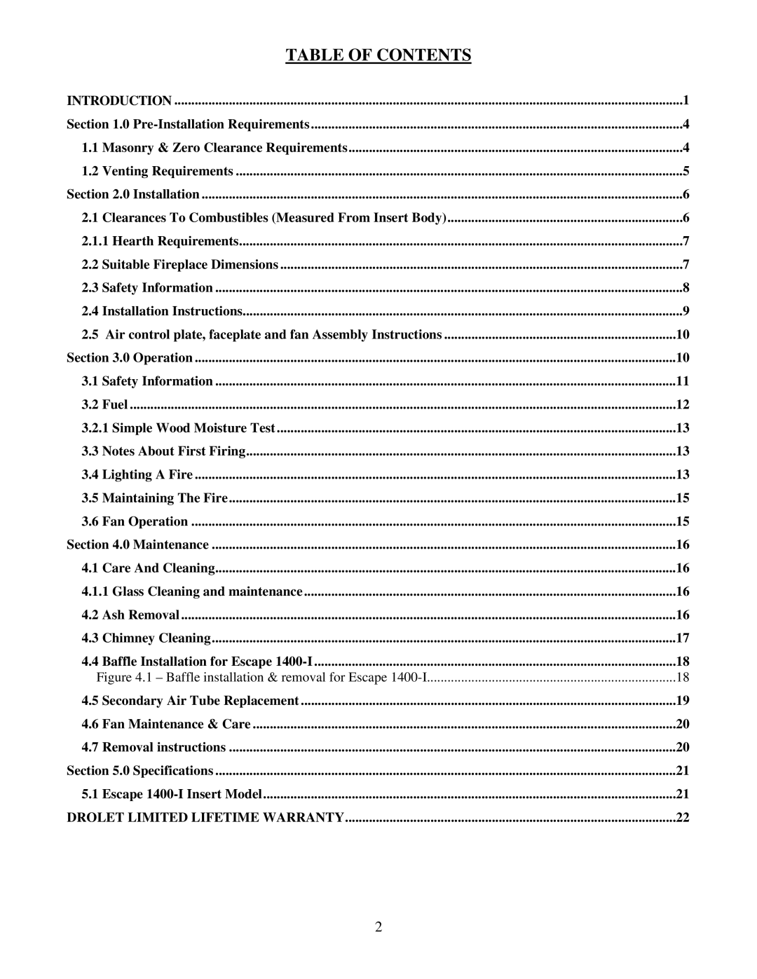 Drolet 1400-I owner manual Table of Contents 