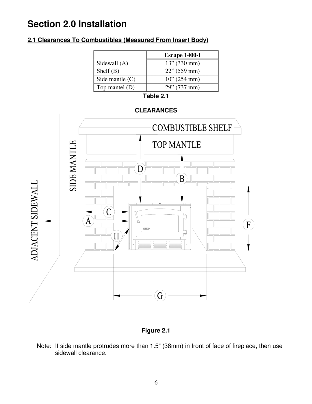 Drolet 1400-I owner manual Installation, Clearances To Combustibles Measured From Insert Body 