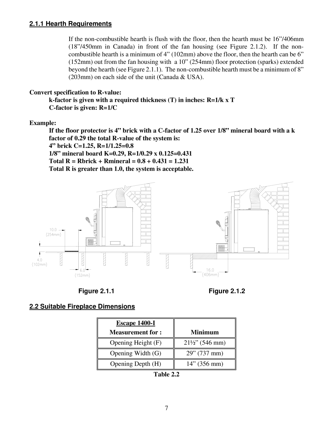 Drolet 1400-I owner manual Hearth Requirements, Suitable Fireplace Dimensions 