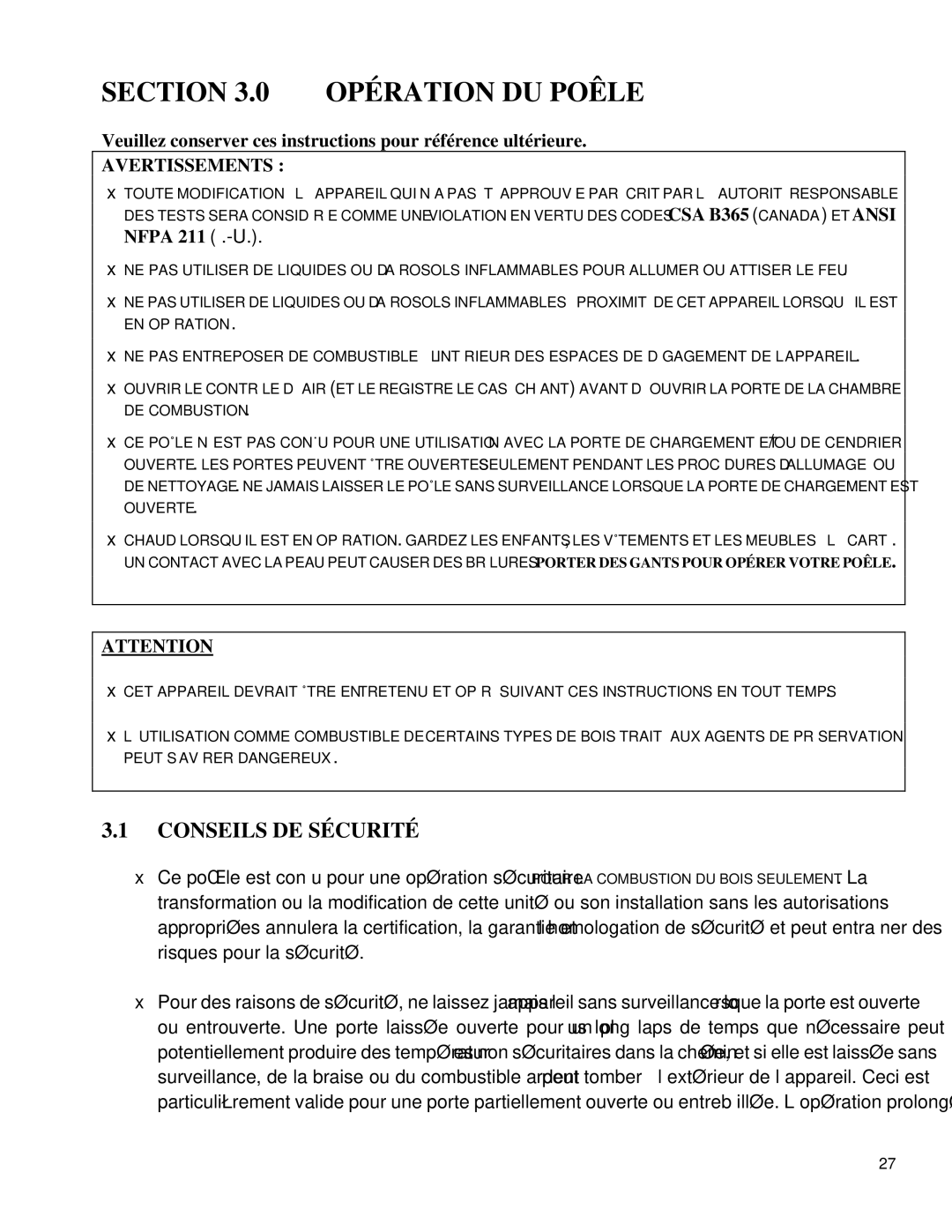 Drolet 1800, 1500 manual Opération DU Poêle, Conseils DE Sécurité, Nfpa 211 É.-U 