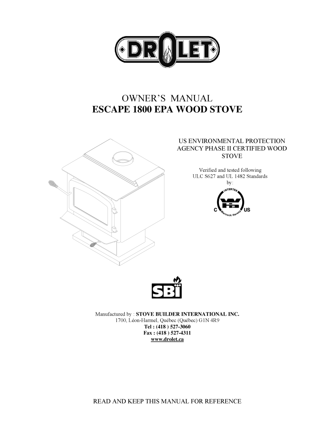 Drolet owner manual Escape 1800 EPA Wood Stove 