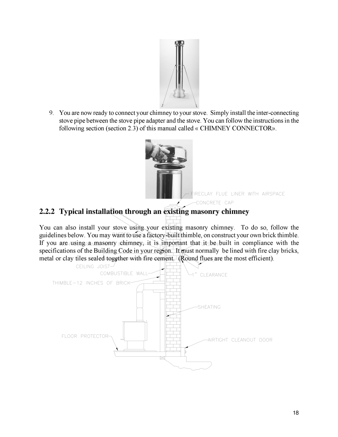 Drolet 1800 EPA owner manual Typical installation through an existing masonry chimney 