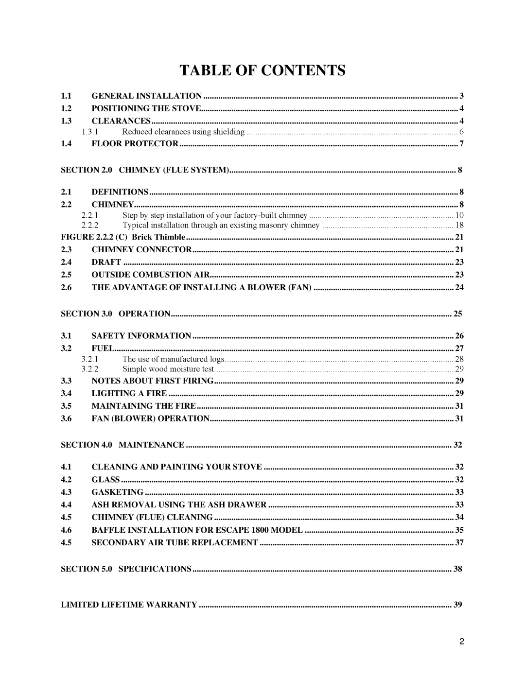 Drolet 1800 EPA owner manual Table of Contents 