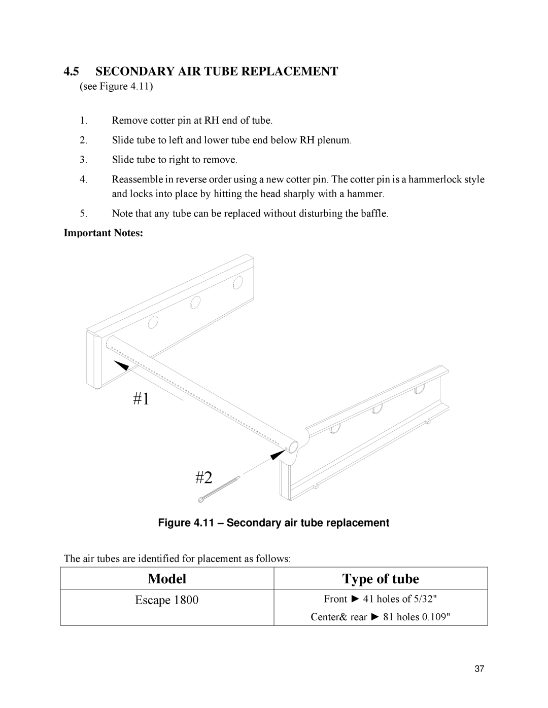 Drolet 1800 EPA owner manual Secondary AIR Tube Replacement, Important Notes, Front 41 holes of 5/32 