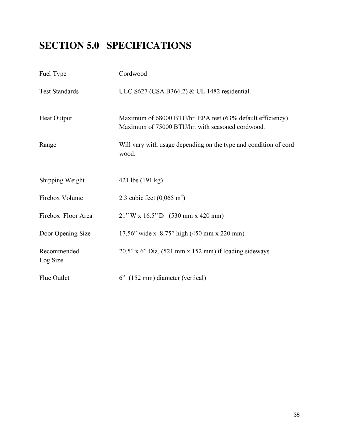 Drolet 1800 EPA owner manual Section Specifications 