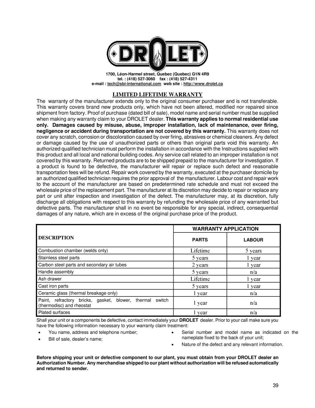 Drolet 1800 EPA owner manual Limited Lifetime Warranty 