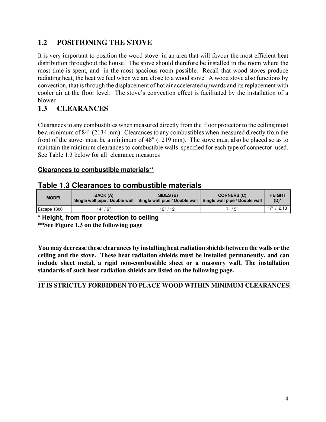 Drolet 1800 EPA owner manual Positioning the Stove, Clearances, See .3 on the following 