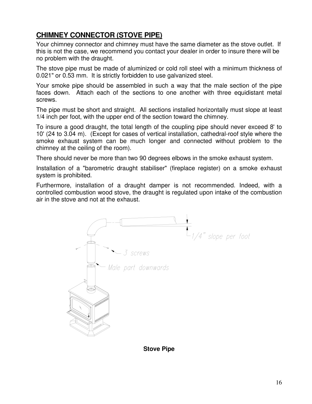 Drolet 1200, 2000, 1600 owner manual Chimney Connector Stove Pipe 