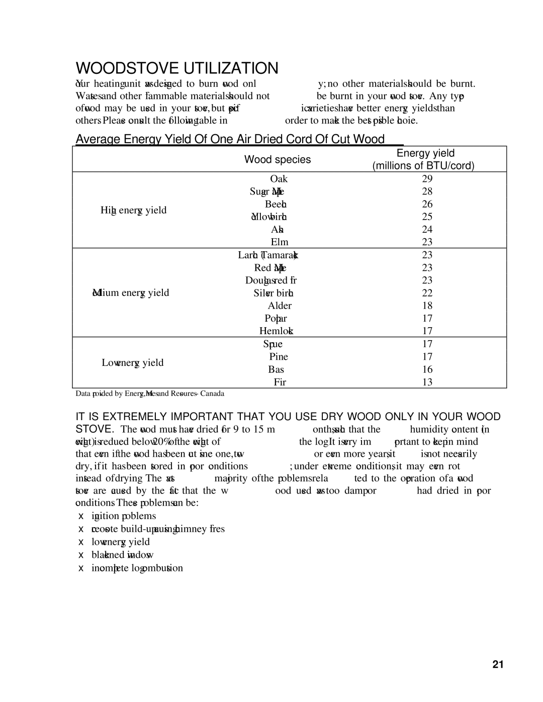 Drolet 1600, 2000, 1200 owner manual Woodstove Utilization, Average Energy Yield Of One Air Dried Cord Of Cut Wood 