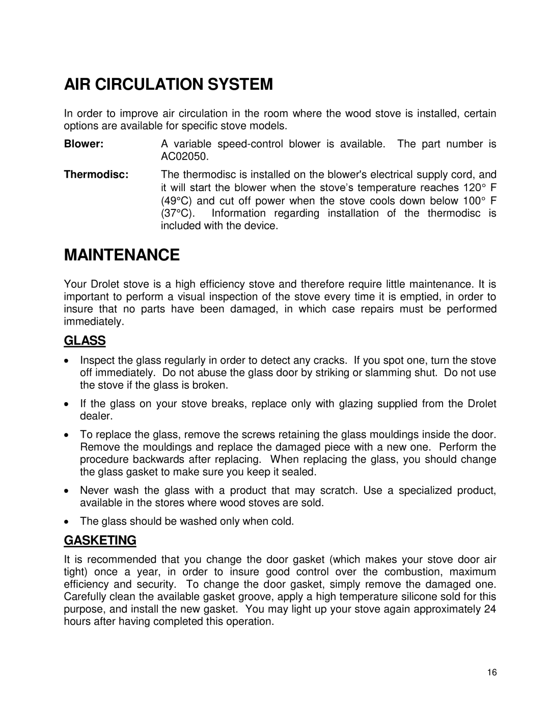 Drolet 45109A manual AIR Circulation System, Maintenance, Glass, Gasketing 