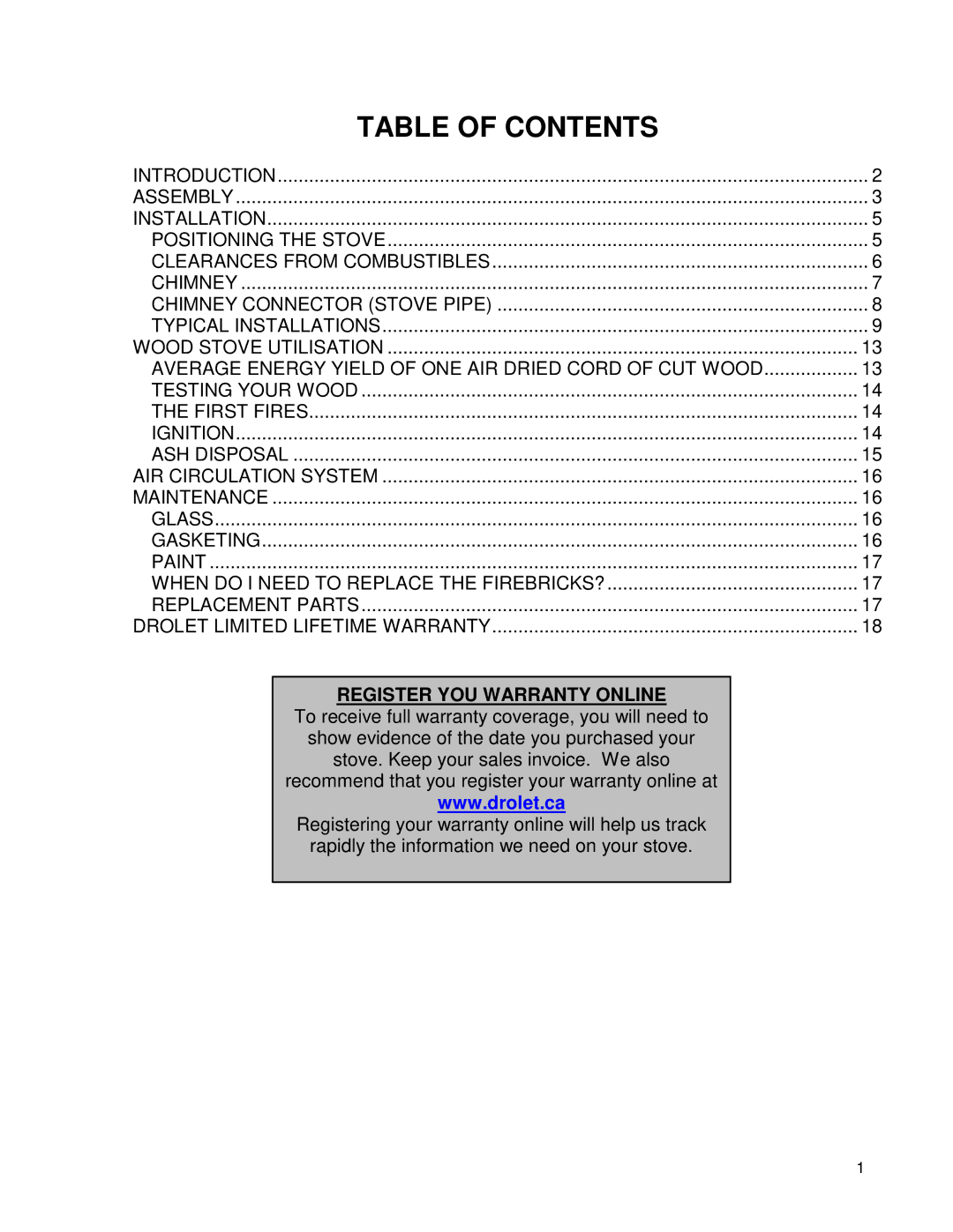 Drolet 45109A manual Table of Contents 