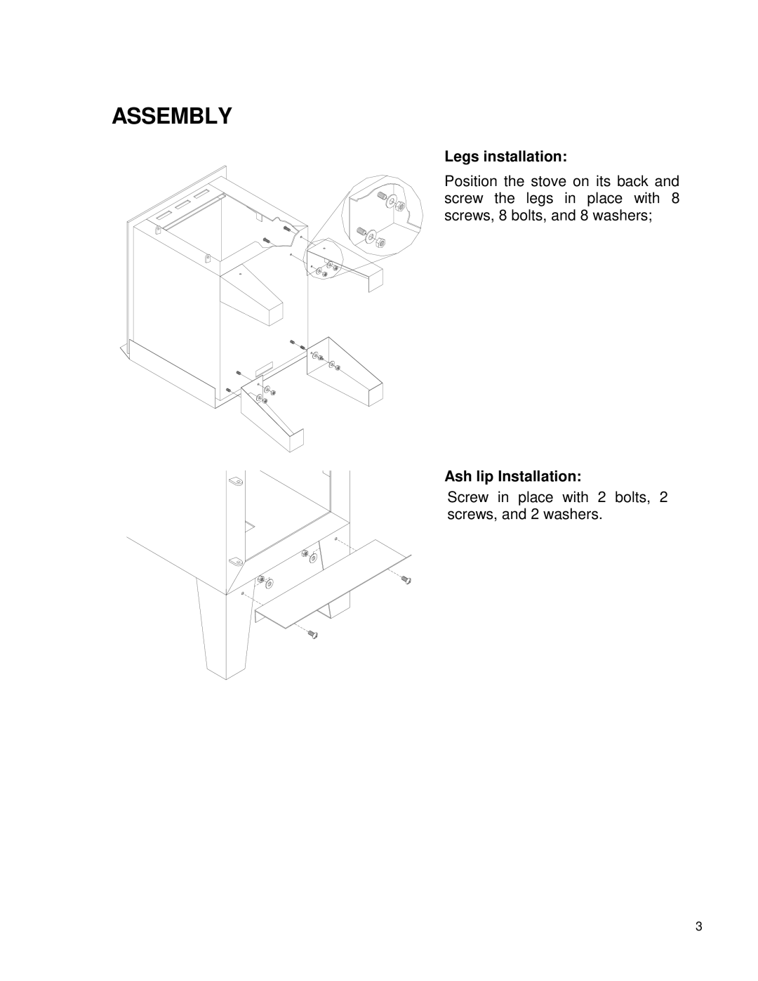 Drolet 45109A manual Assembly, Legs installation, Ash lip Installation 