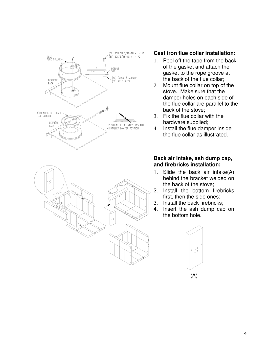 Drolet 45109A manual Cast iron flue collar installation, Back air intake, ash dump cap, and firebricks installation 