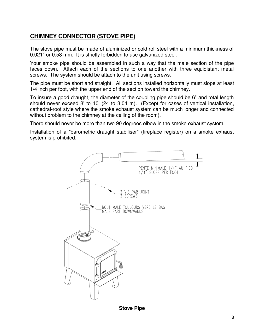 Drolet 45109A manual Chimney Connector Stove Pipe 