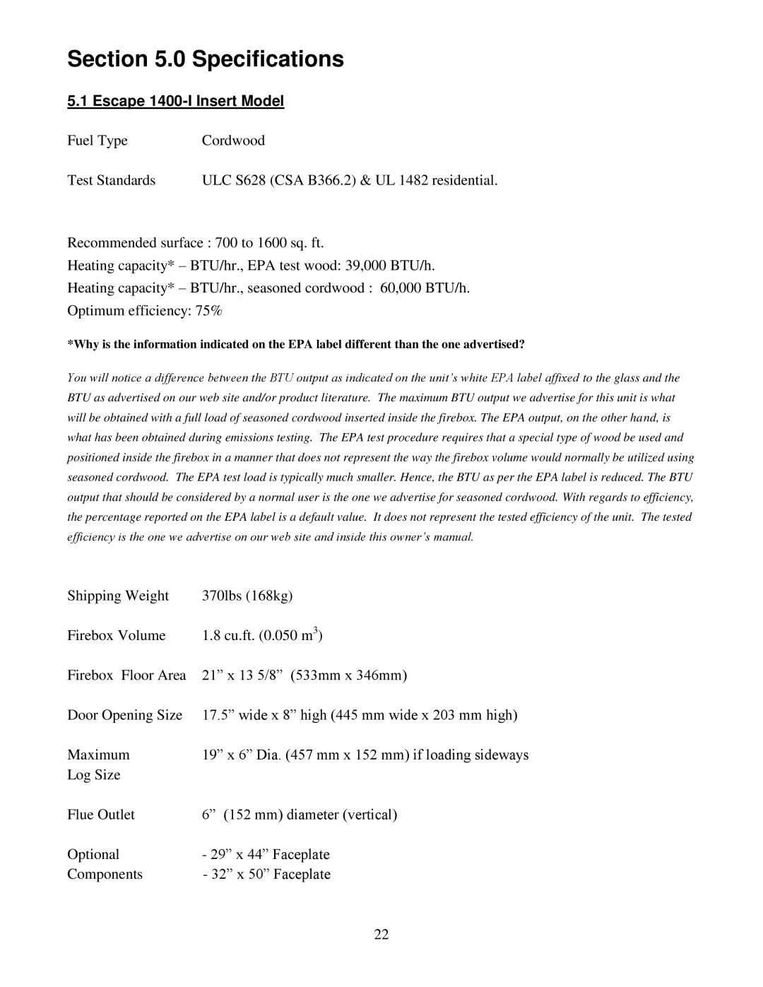 Drolet 45221 owner manual Specifications, Escape 1400-I Insert Model 