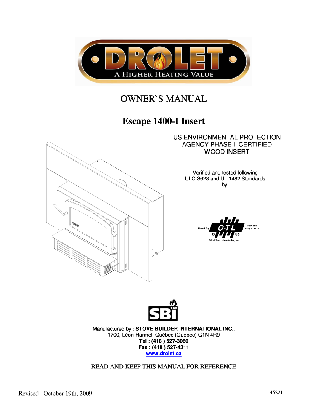 Drolet 45221 owner manual Escape 1400-IInsert, Us Environmental Protection, Agency Phase Ii Certified Wood Insert 